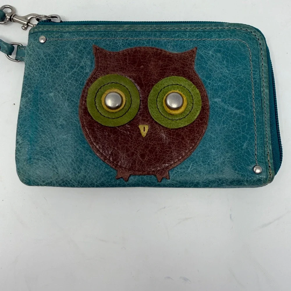 Fossil Owl Applique Leather Wristlet Wallet Teal Blue Women Small